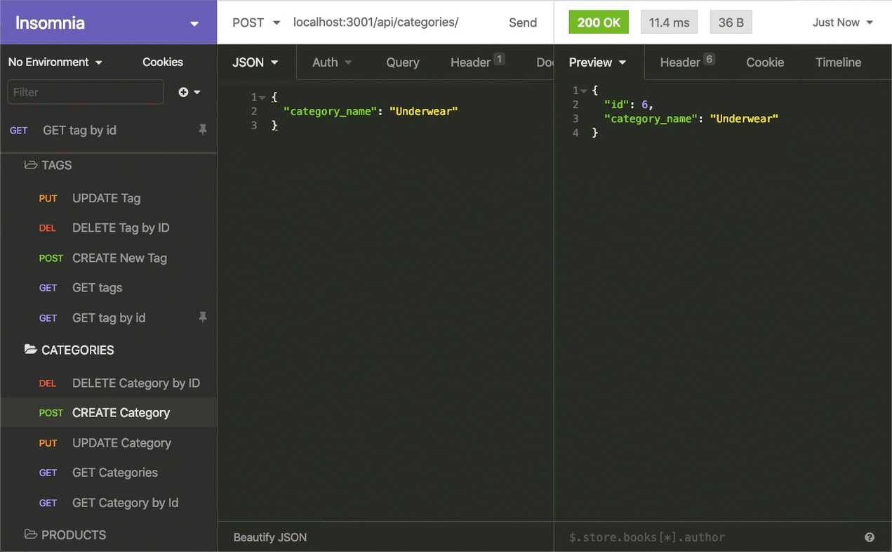 In Insomnia Core, the user tests “DELETE Category by ID,” “CREATE Category,” and “UPDATE Category.”