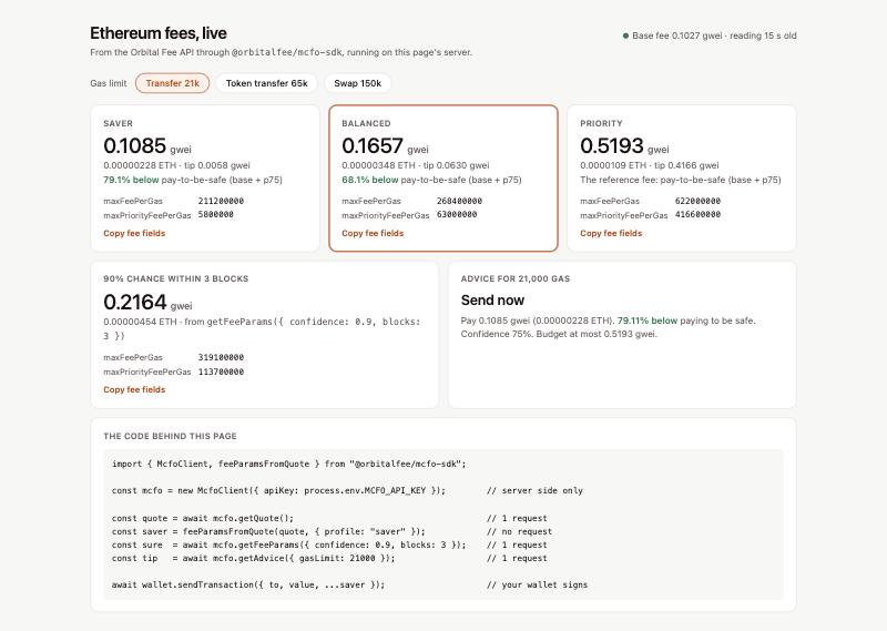 The example dashboard with live Ethereum fees