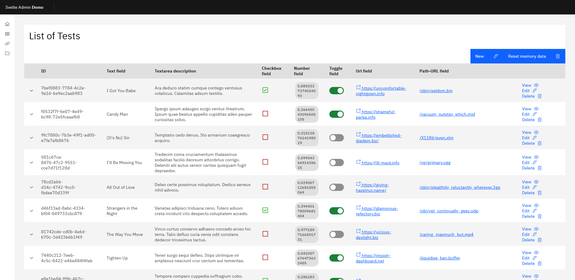 SvelteAdmin Backoffice List