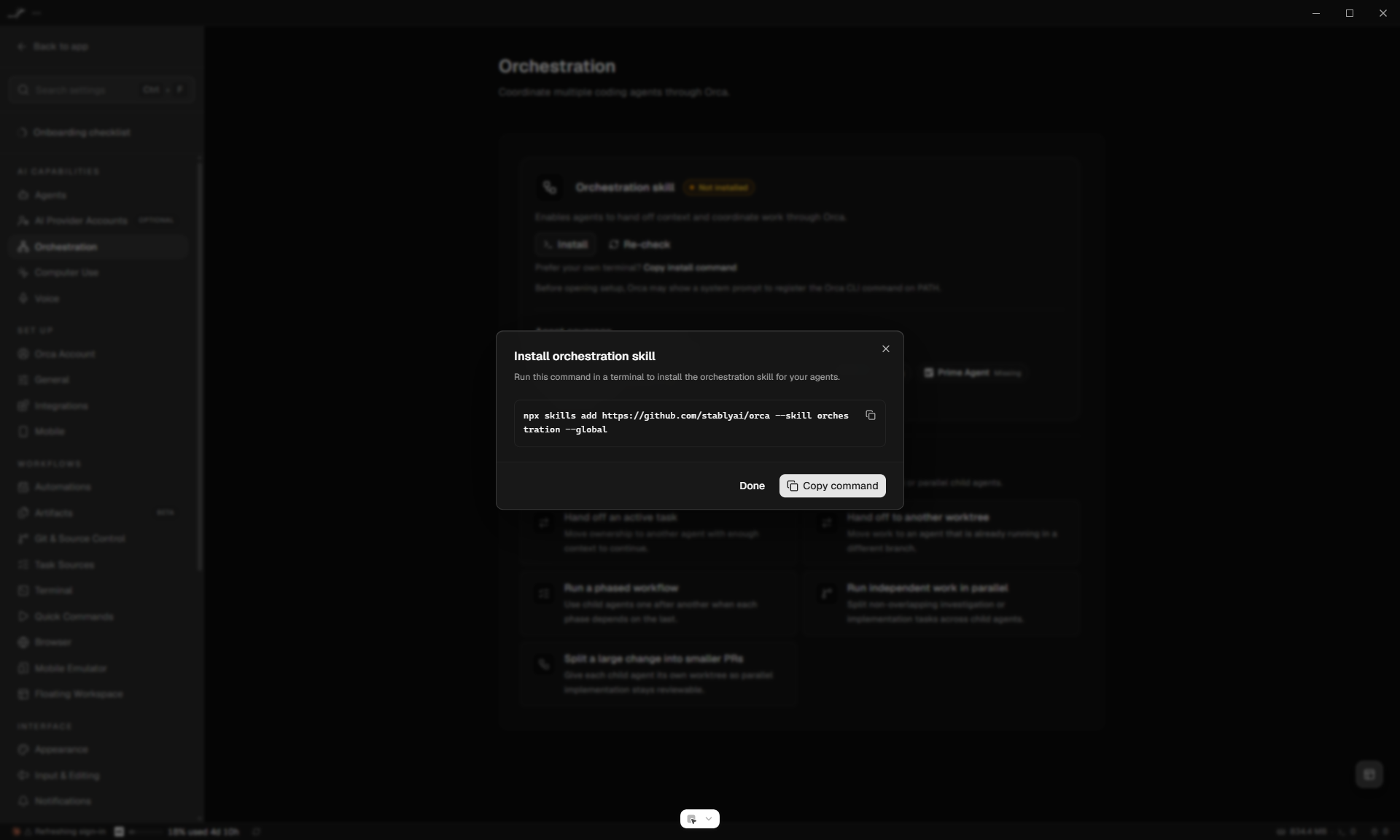 Copy command dialog showing bare npx skills add for orchestration