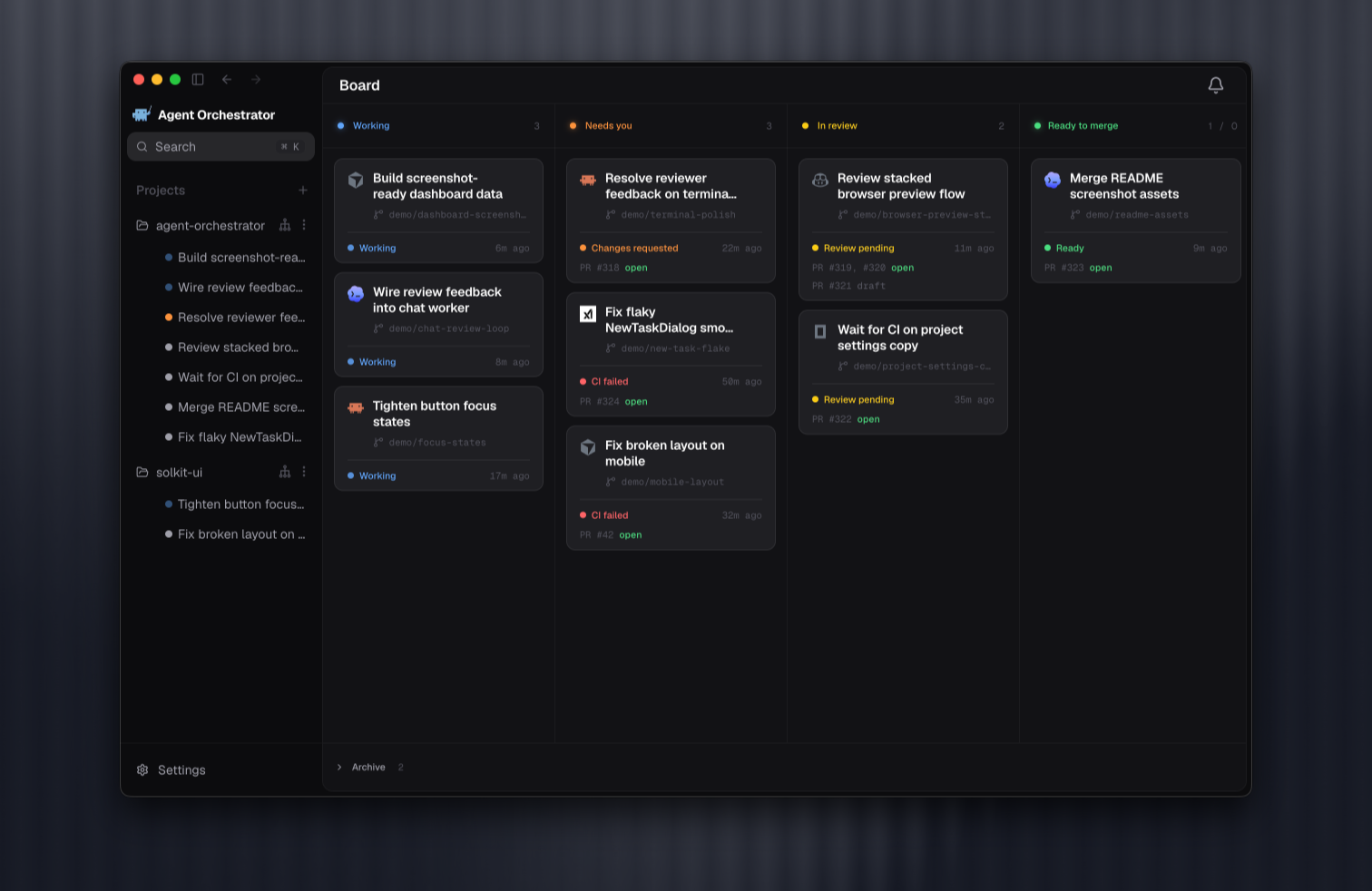 Orchestrator.inc Kanban showing worker sessions grouped by live status