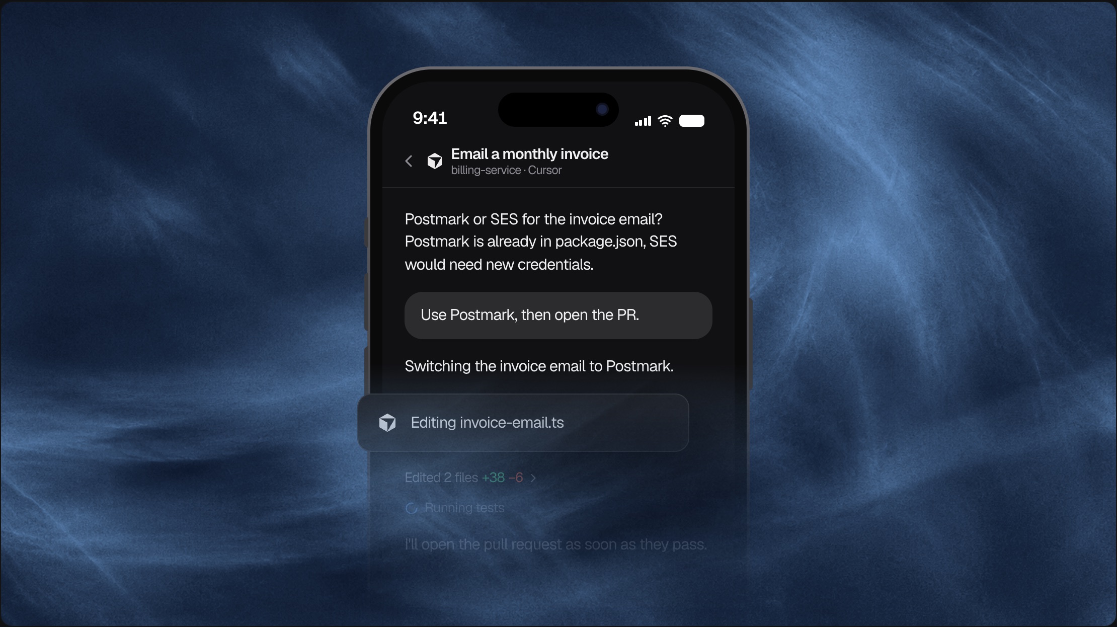 The mobile app showing an agent asking which mail provider to use and the reply sent from the phone