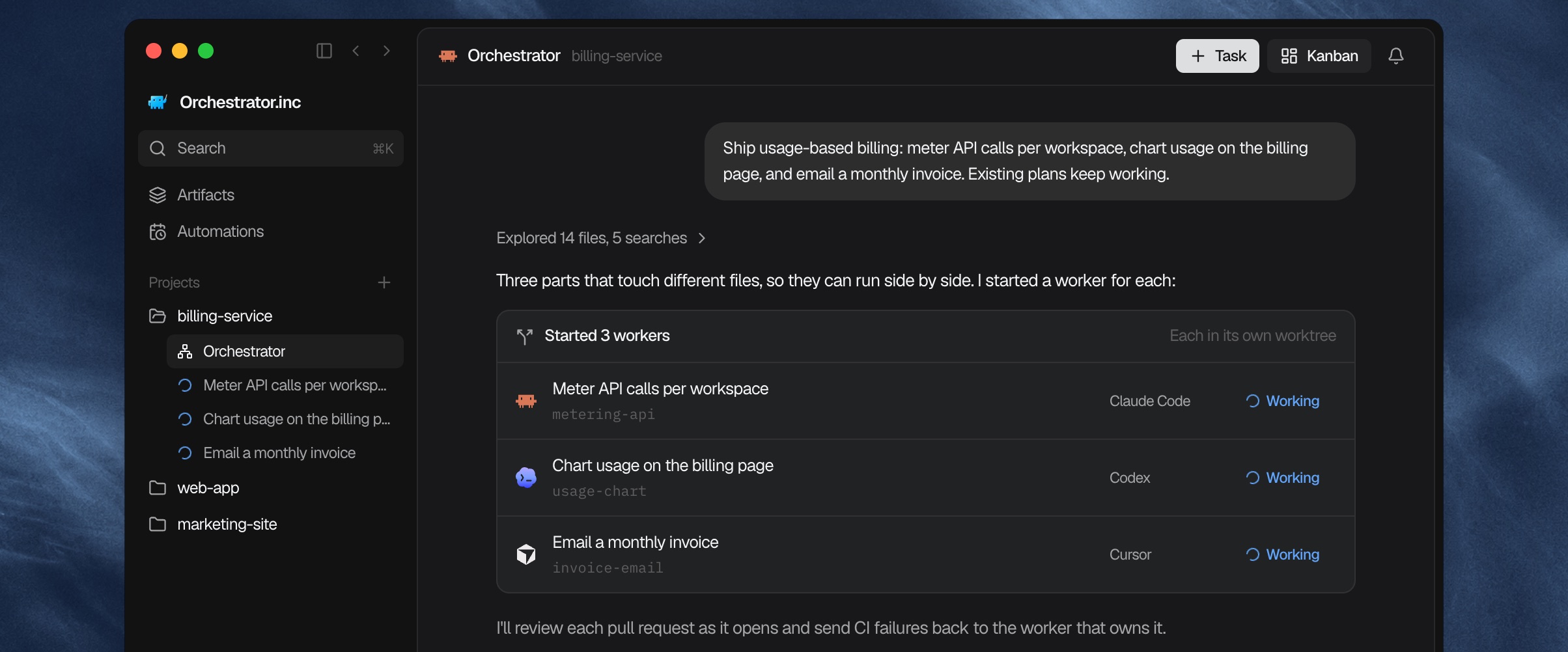 The orchestrator splitting a billing feature into three workers, each in its own worktree with a different coding agent