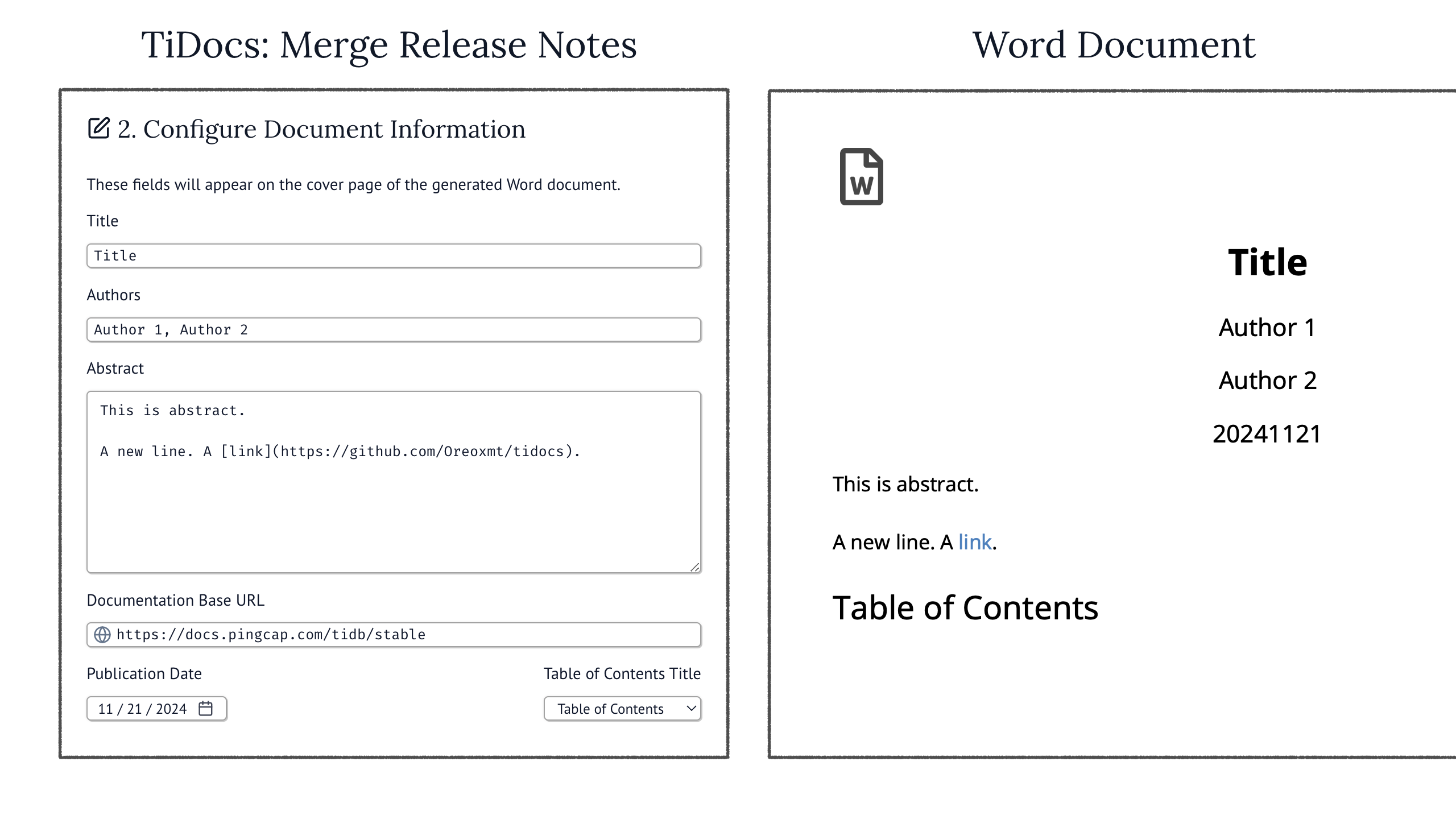 TiDocs: Configure document information