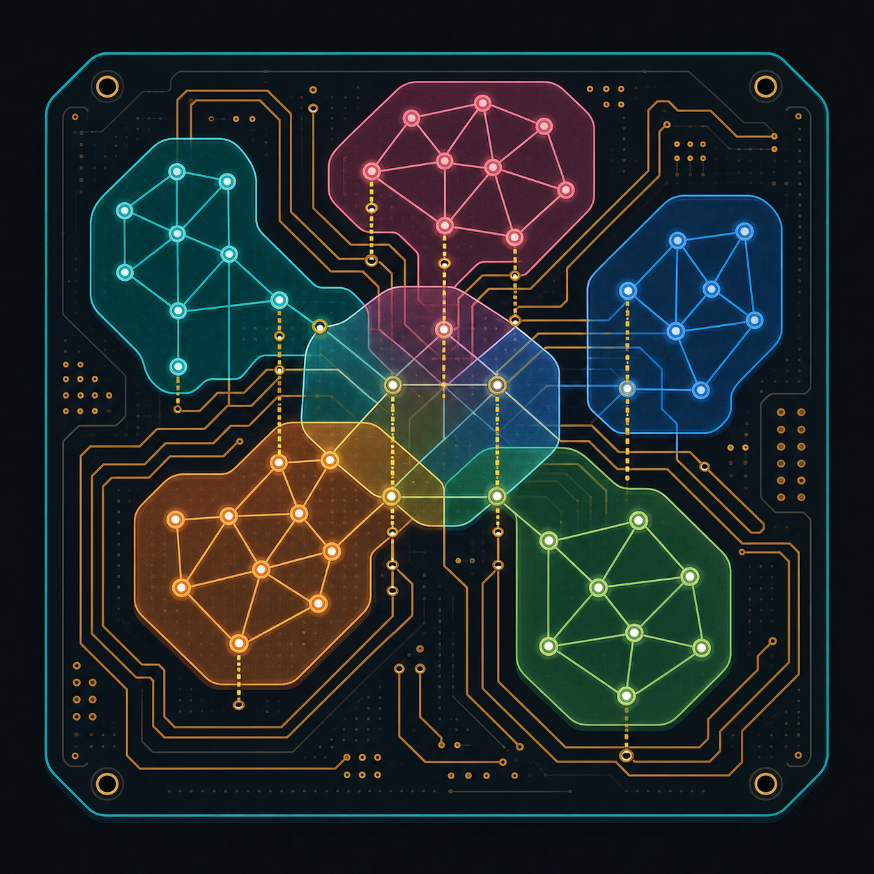 A schematic logical board with overlapping graph regions and circuit-style routes