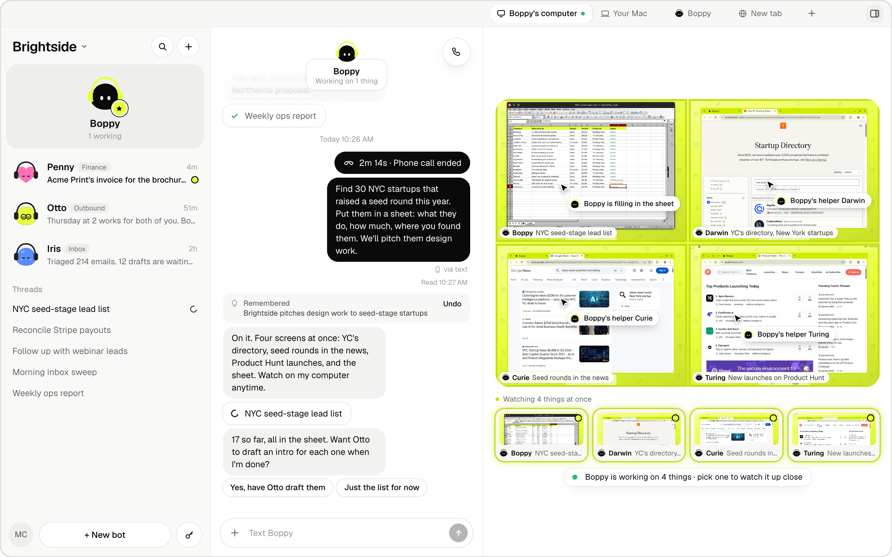 Bops: Boppy's chat on the left, and its computer's four screens on the right, building a lead list