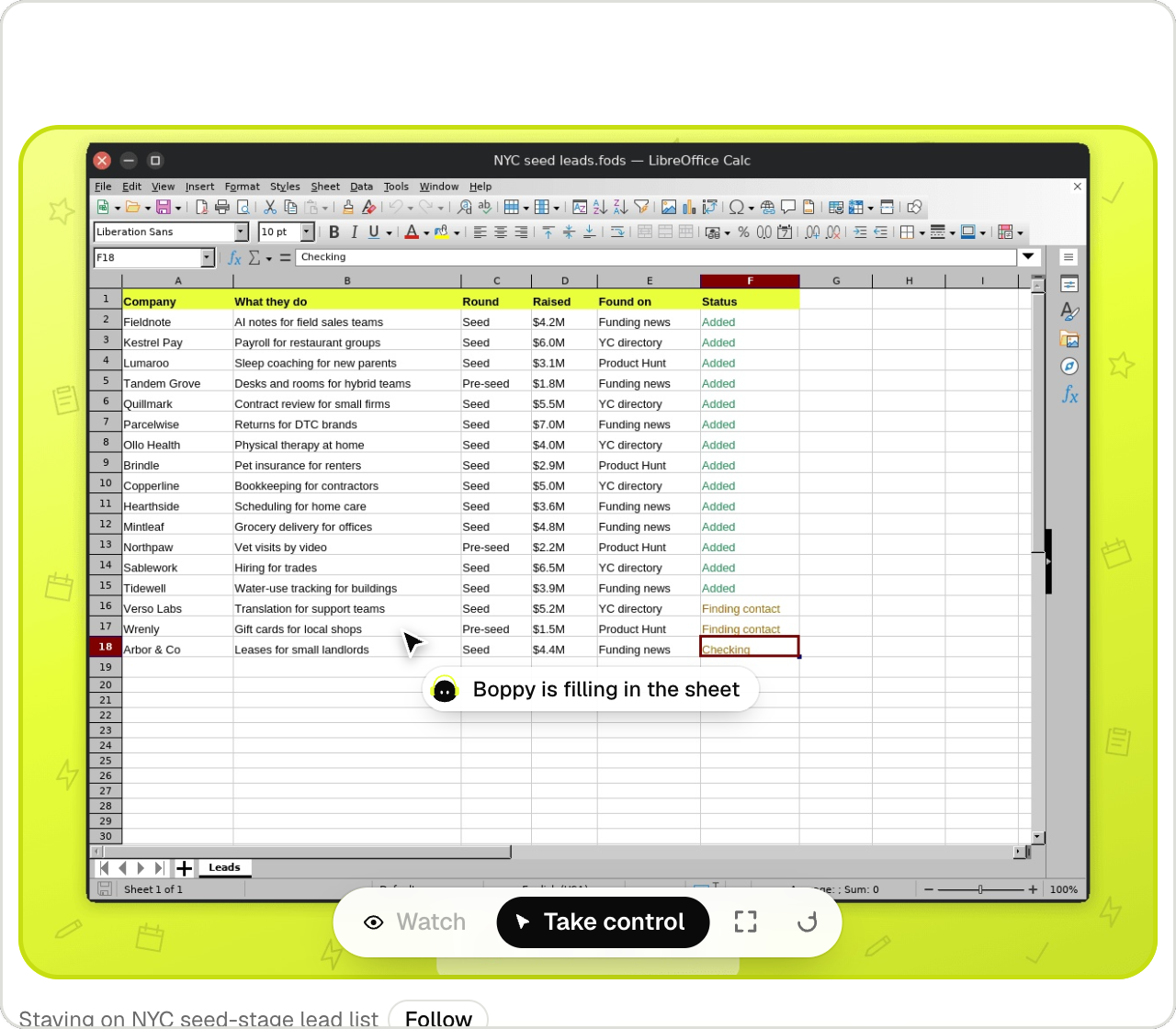 A bot's screen up close, filling in a spreadsheet, with Watch and Take control
