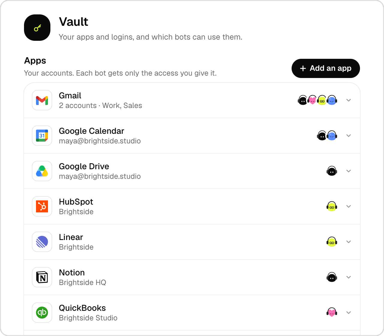 The Vault: connected apps, several accounts each, and which bots use them