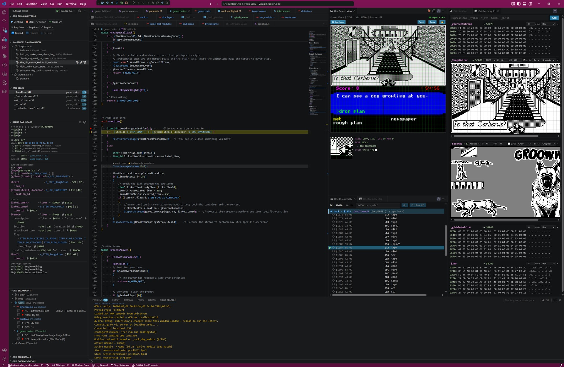 VS Code debugging an Oric game: Debug Dashboard, breakpoints and snapshots in the sidebar, C source with inline cycle counts, the live Oric screen, disassembly and memory views