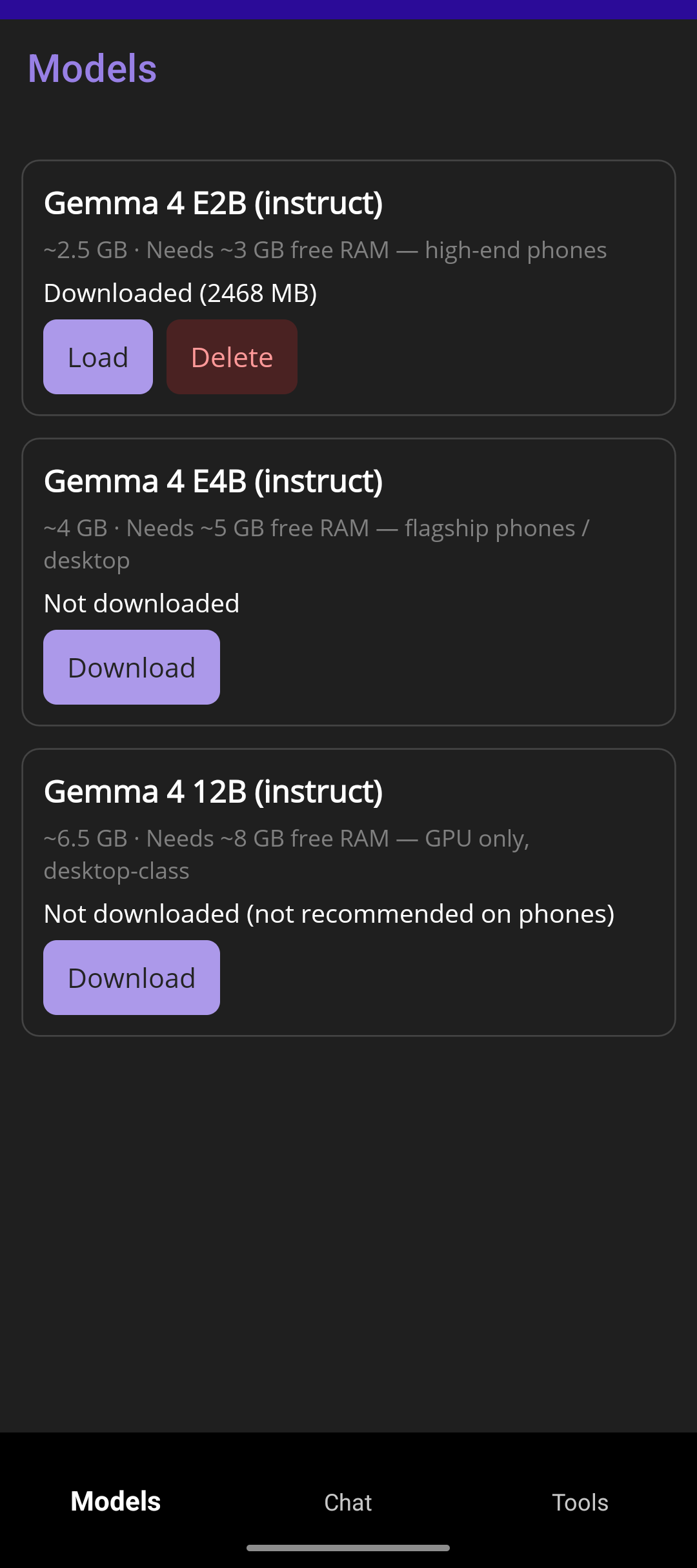 Models tab — download and manage Gemma models