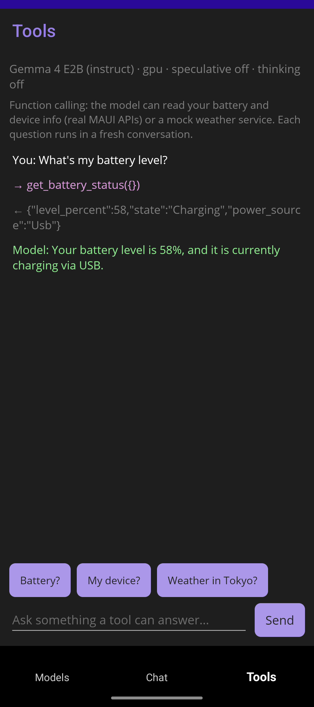 Tools tab — on-device function calling against real device APIs