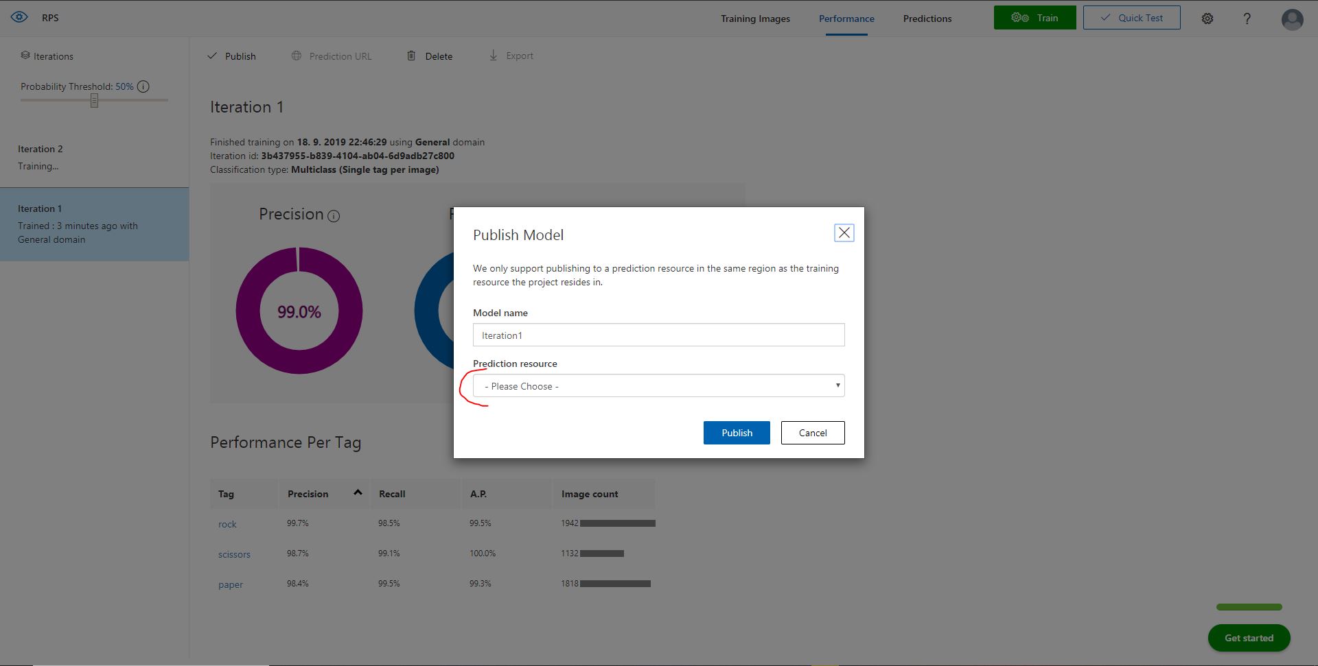 Fill-in model name, select "RPSCustomVision_Prediction" as prediction resource and click "Publish"