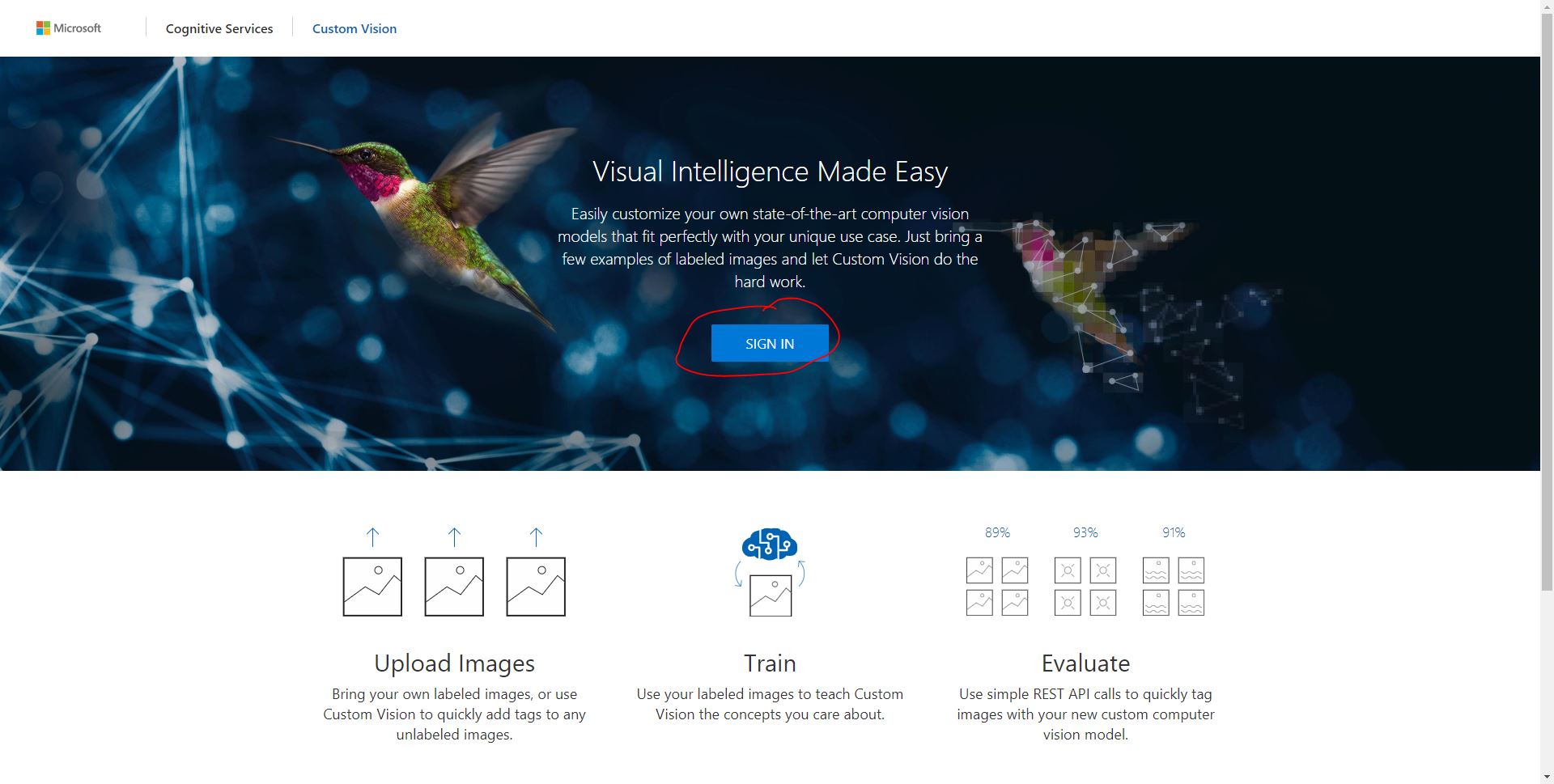 Sign in https://www.customvision.ai/ using created Azure account