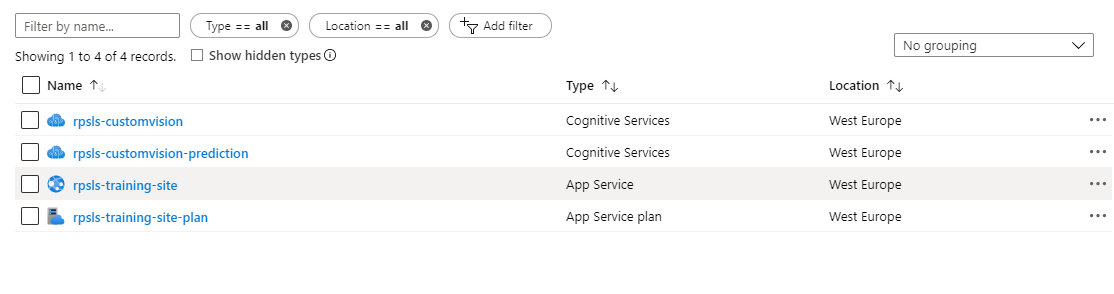 Open your resource group and verify that you have the following resources: App Service Plan, App Service and two Cognitive Services