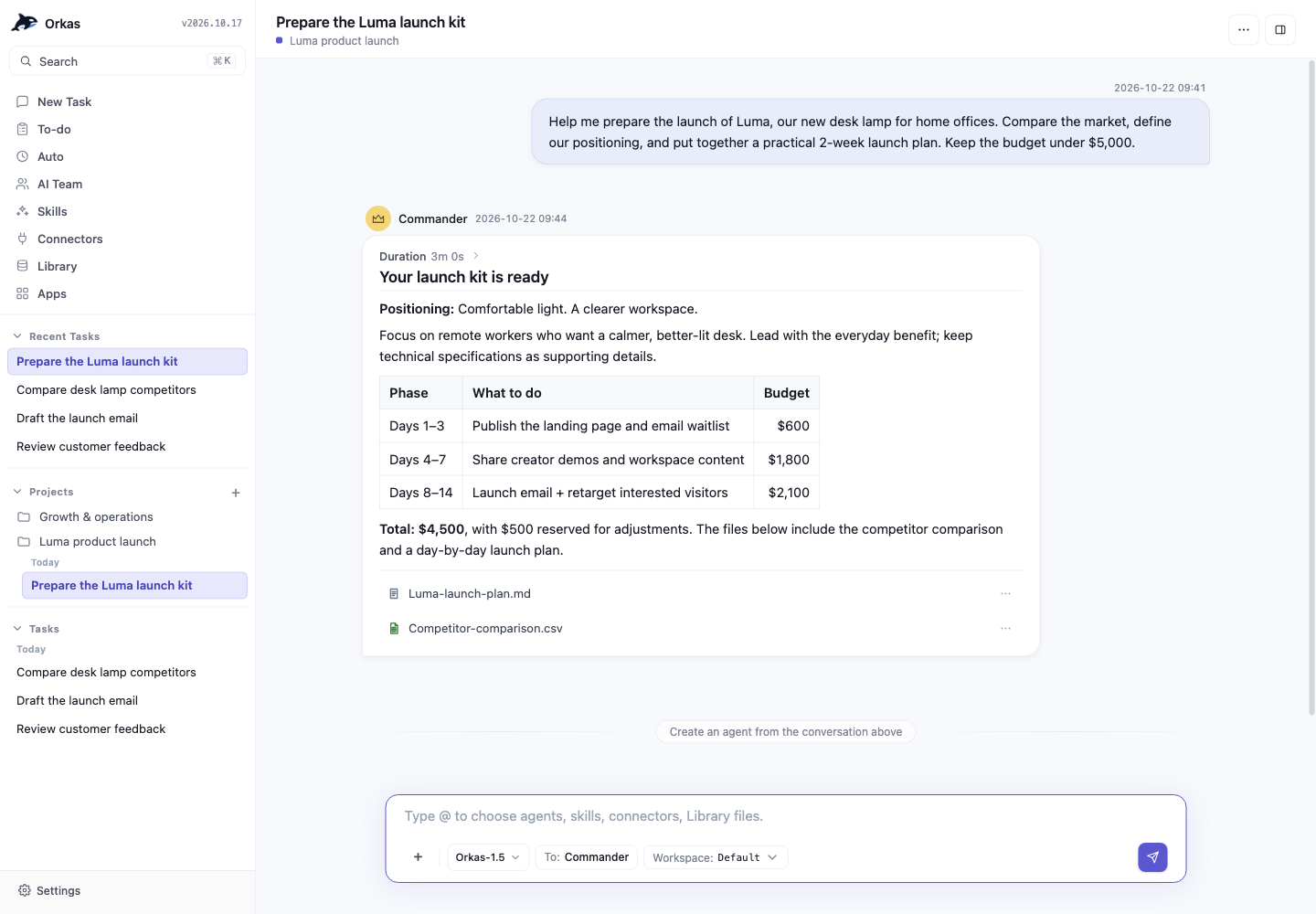 Orkas desktop — task conversation and deliverables