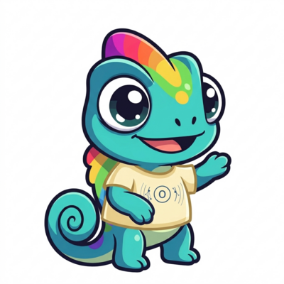 Orkeon mascot — a curious chameleon
