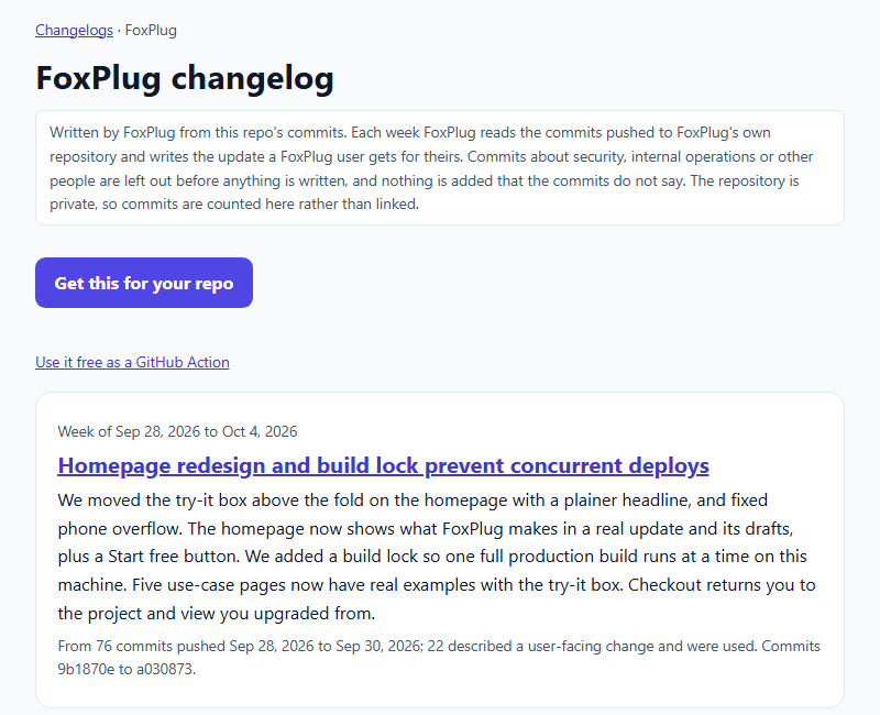 A changelog written by FoxPlug from a repository's commits
