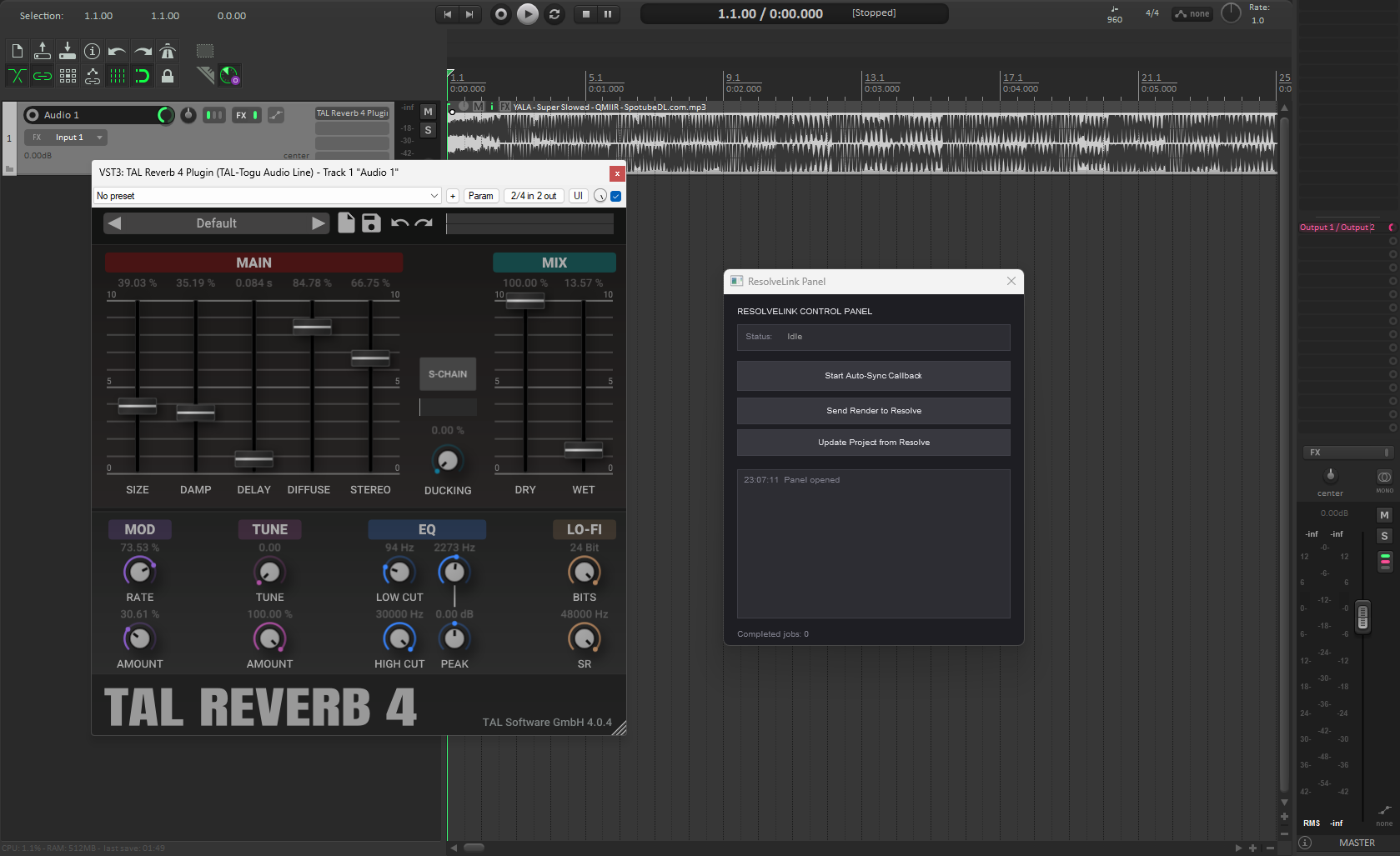 ResolveLink Panel in REAPER