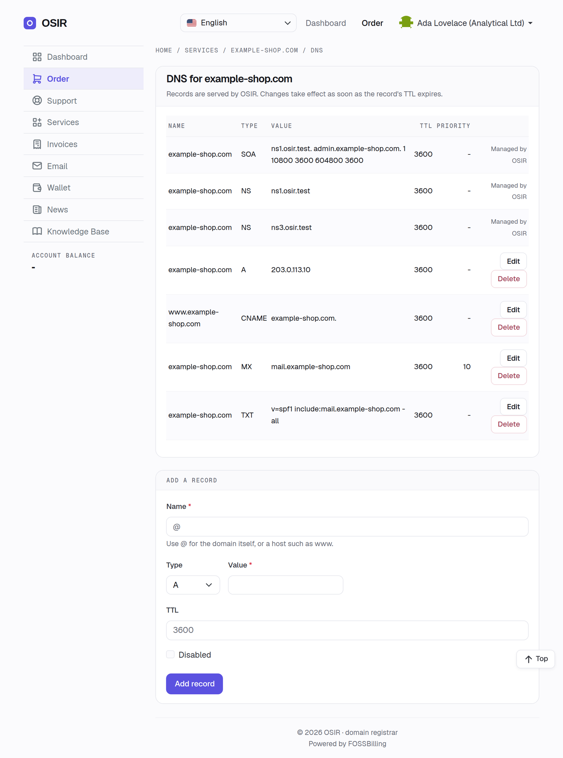 The DNS page in the client area
