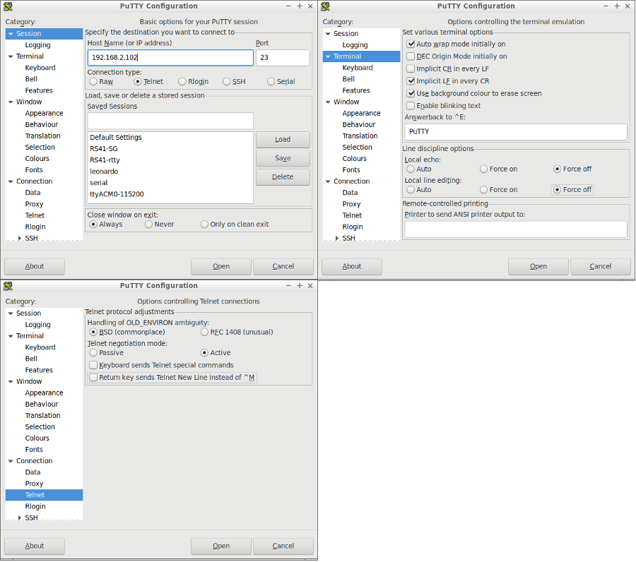 PuTTY telnet options