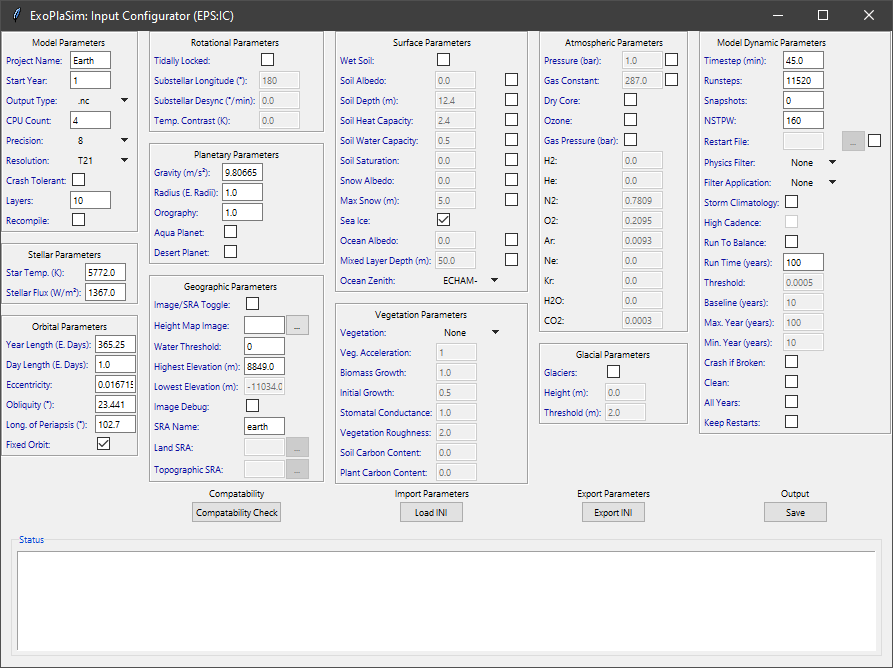 Layout of ExoPlaSim-InCon, featuring categorised planels with most of ExoPlaSim's options.