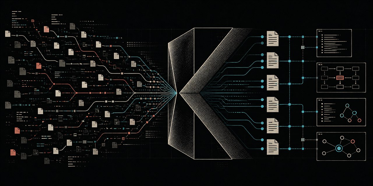 A dithered source tree converging through a geometric K and resolving into linked knowledge artifacts