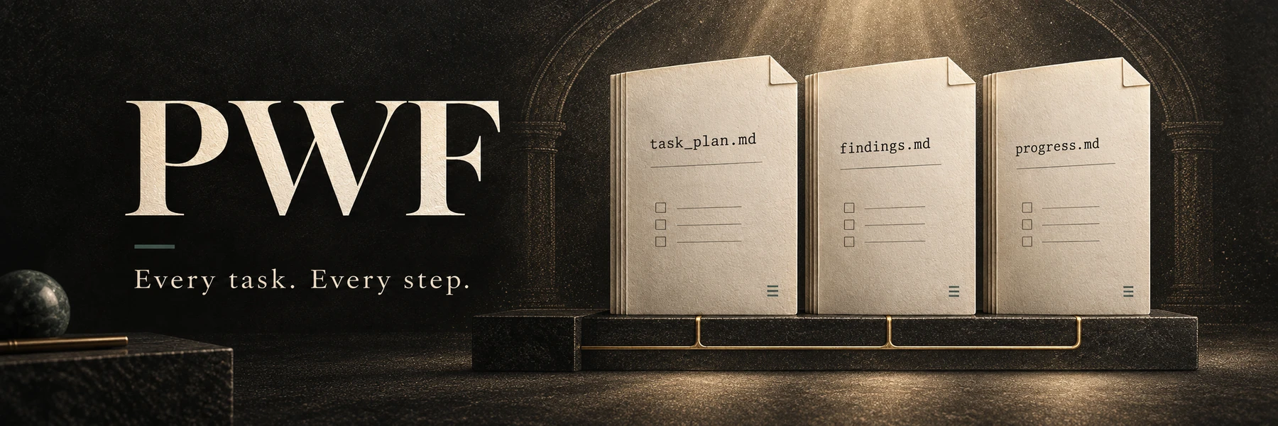 PWF: Every task. Every step. Three planning files on a brass-inlaid base beneath an engraved arch