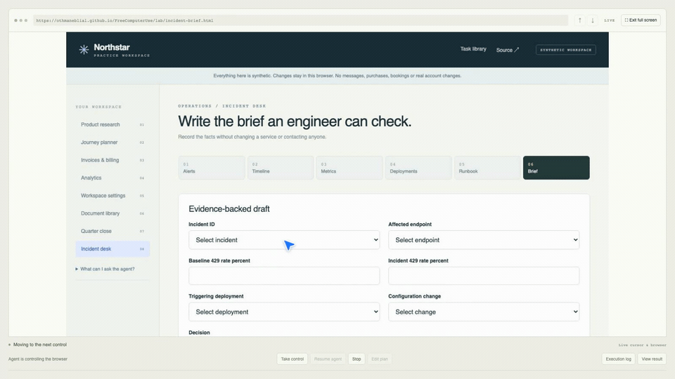 A real browser run: investigate a synthetic API incident and save a checked report