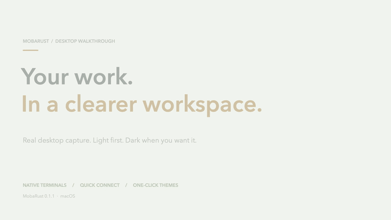 Full 62-second animated MobaRust desktop demo — light mode first, then dark mode