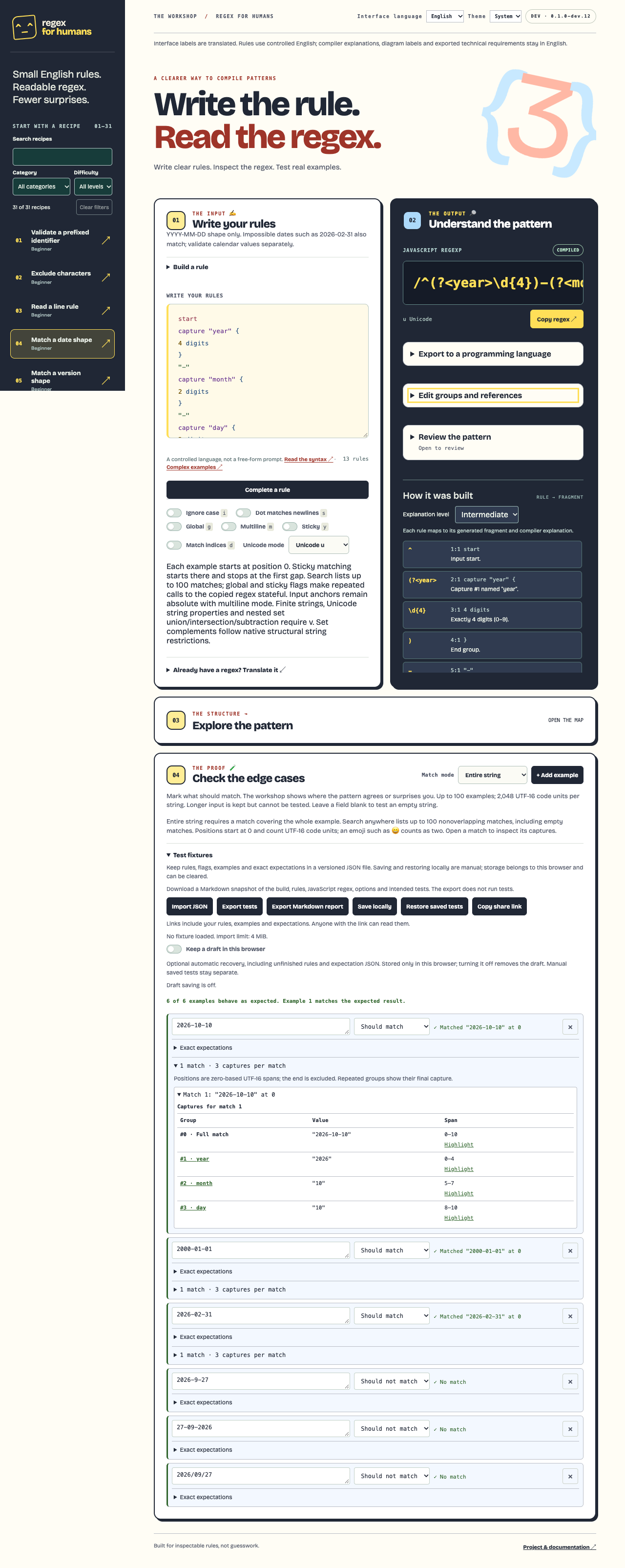 Real desktop workshop showing editable rules, generated regex, explanations, and passing example checks