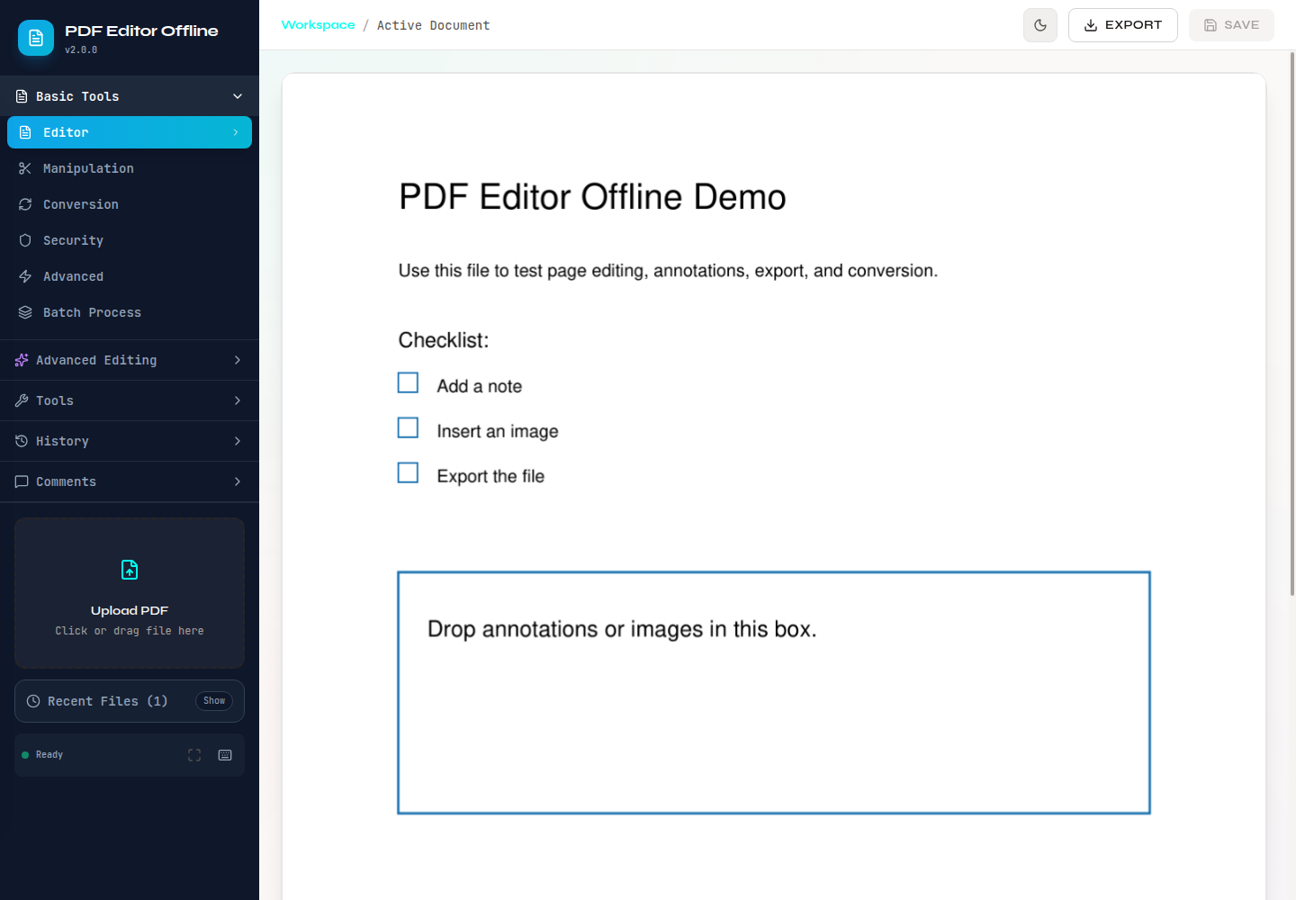 Local PDF editor workspace