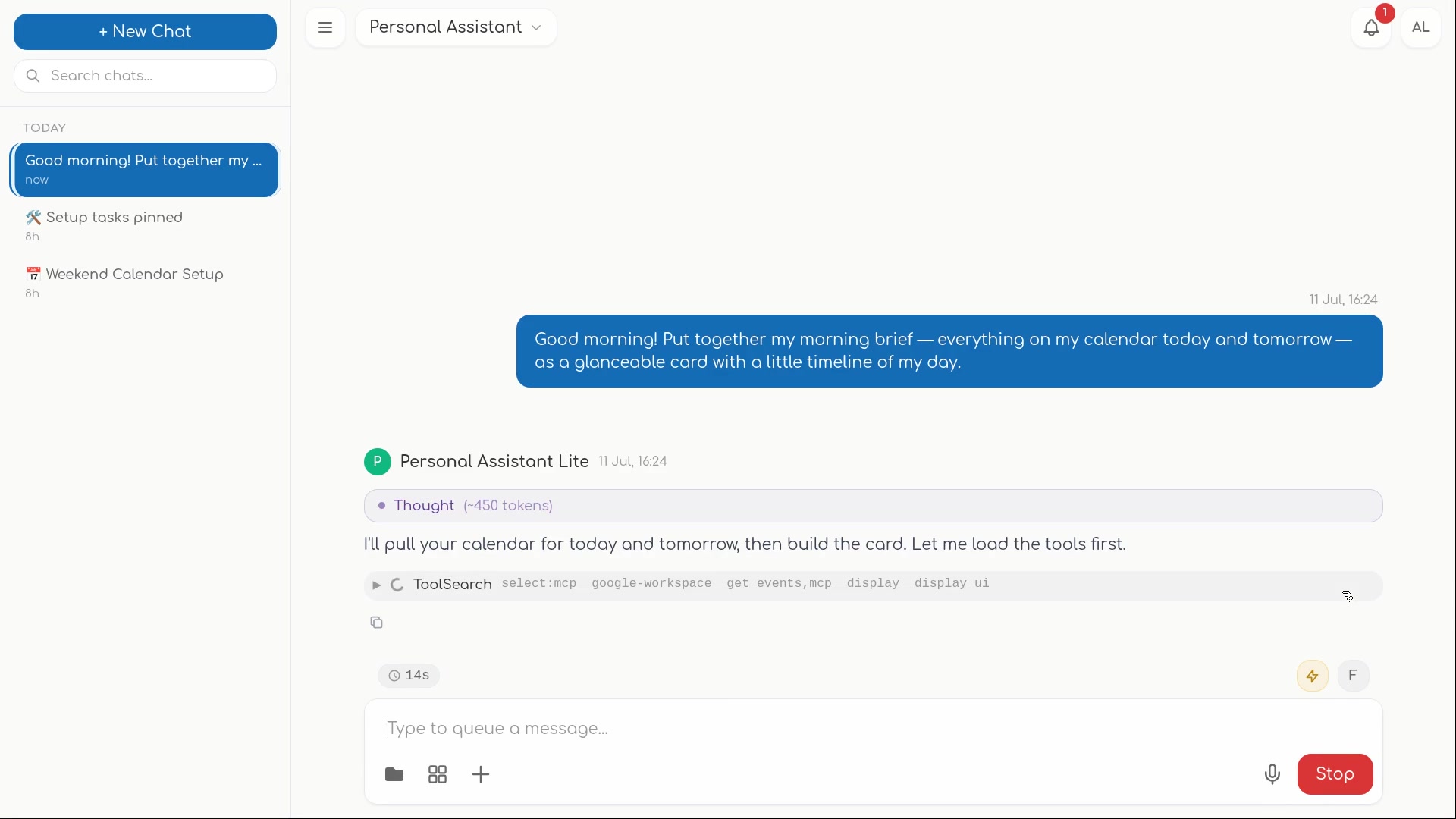 A chat mid-task: streaming tool calls with expandable detail and live progress