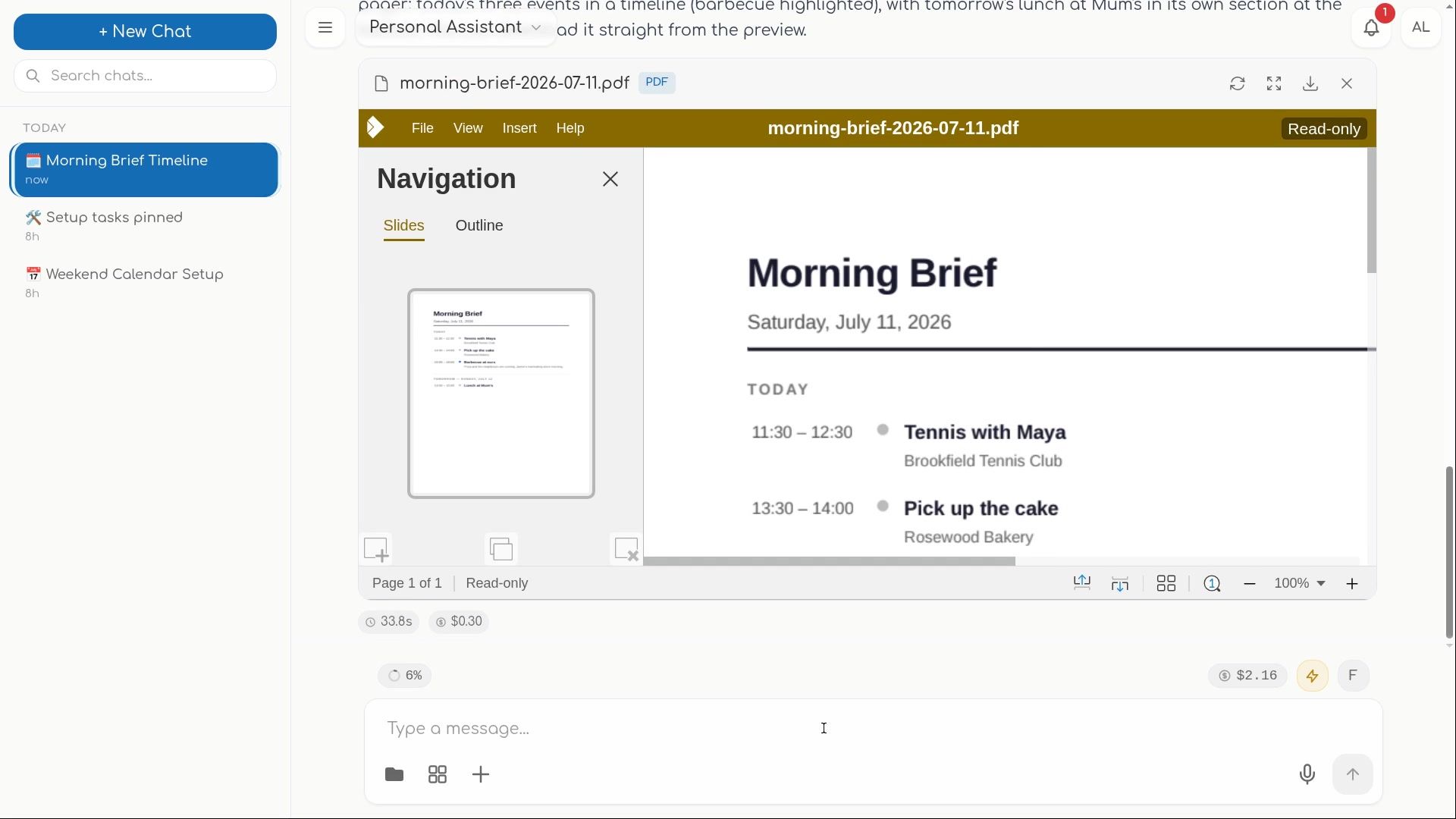 An agent-created document open in the live in-chat editor