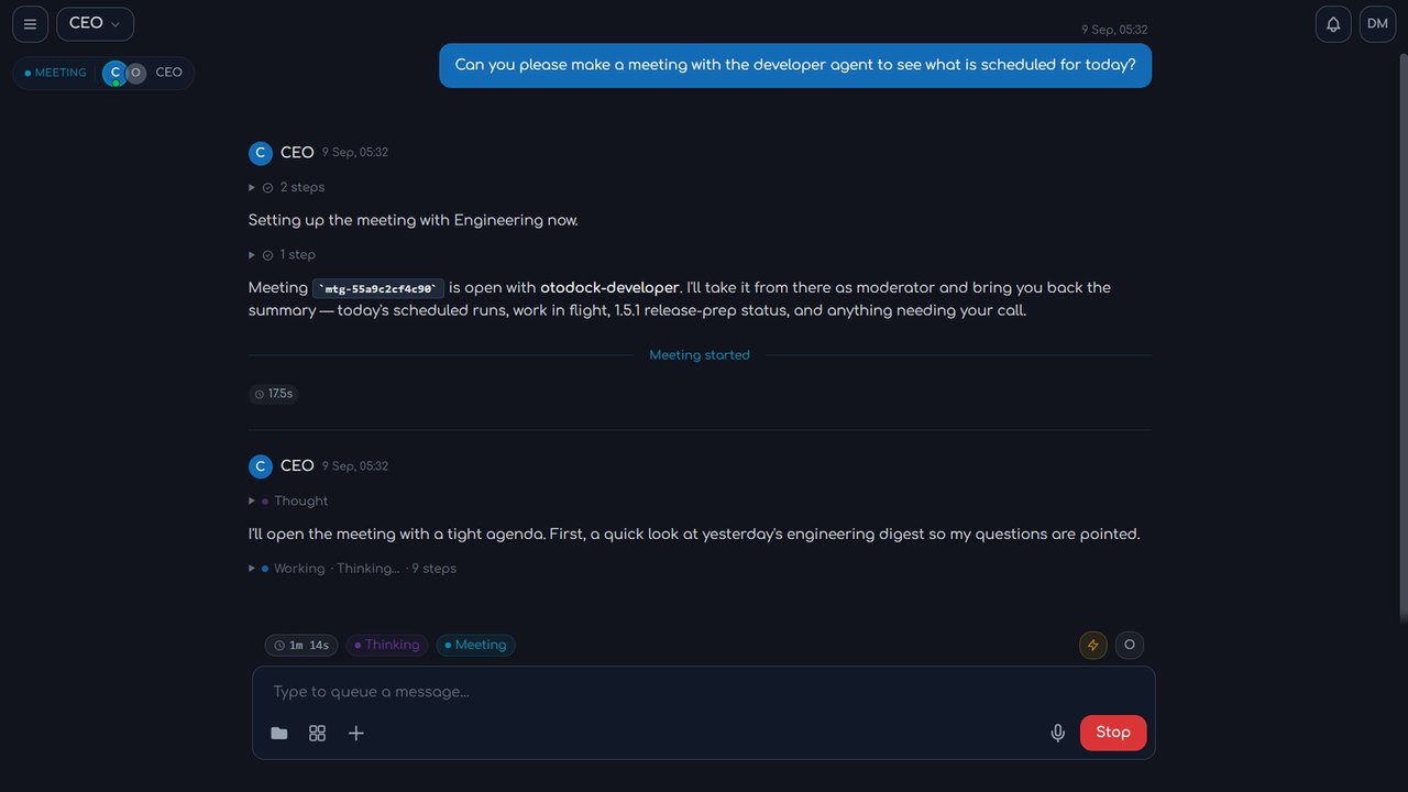 The CEO agent opening a meeting with the developer agent, its work streaming live in the chat