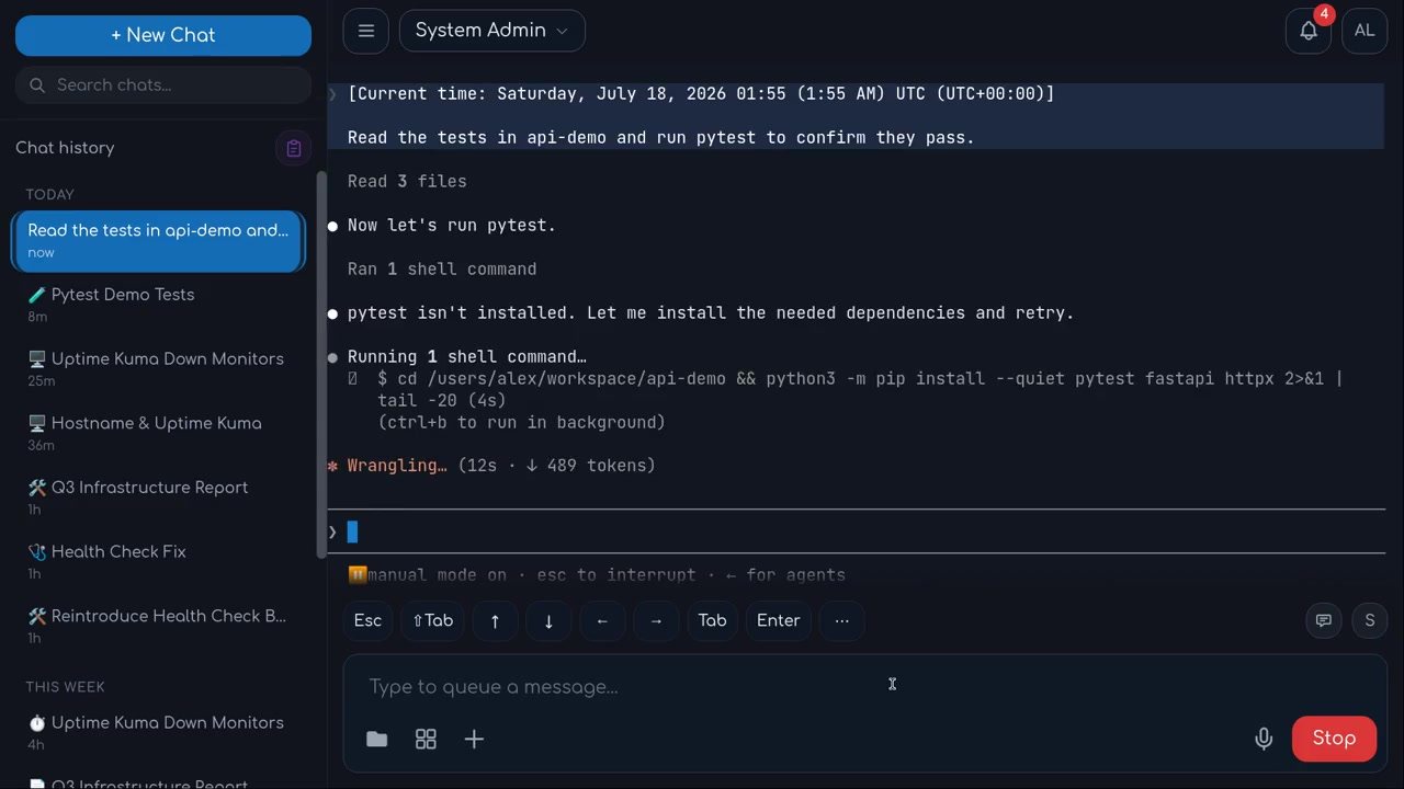 A Claude Code terminal running inside the dashboard with the agent's tools loaded