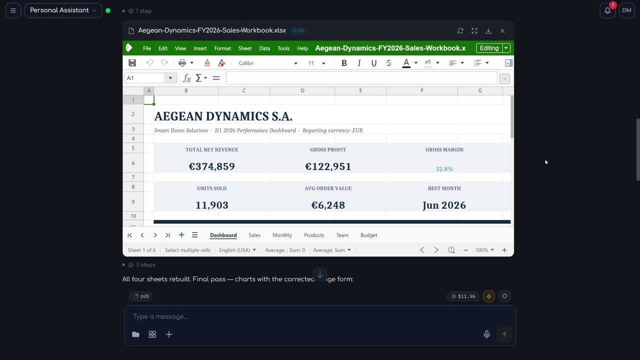 An Excel workbook opened and edited inside the chat, sheets and charts included