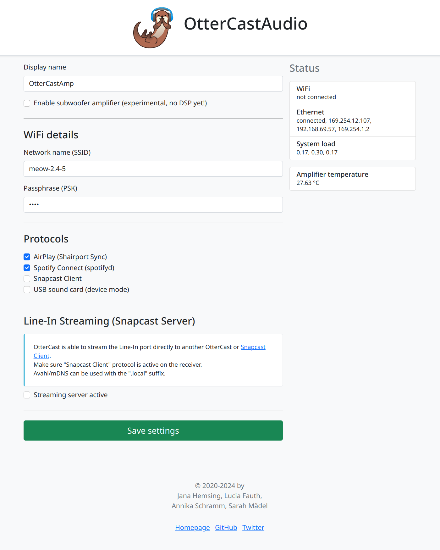 Screenshot of the webinterface provided by the OtterCastAmp