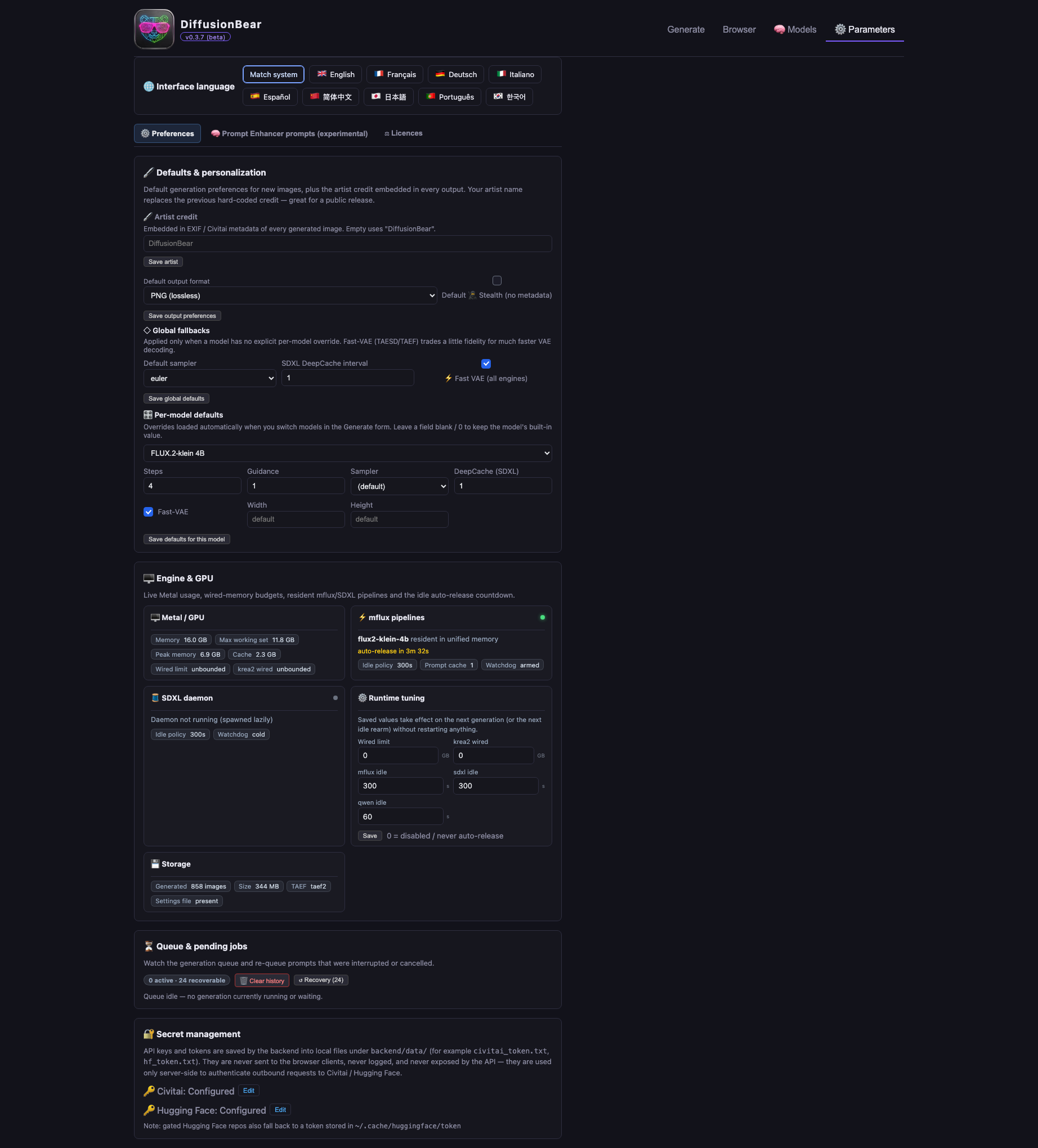 The parameters tab