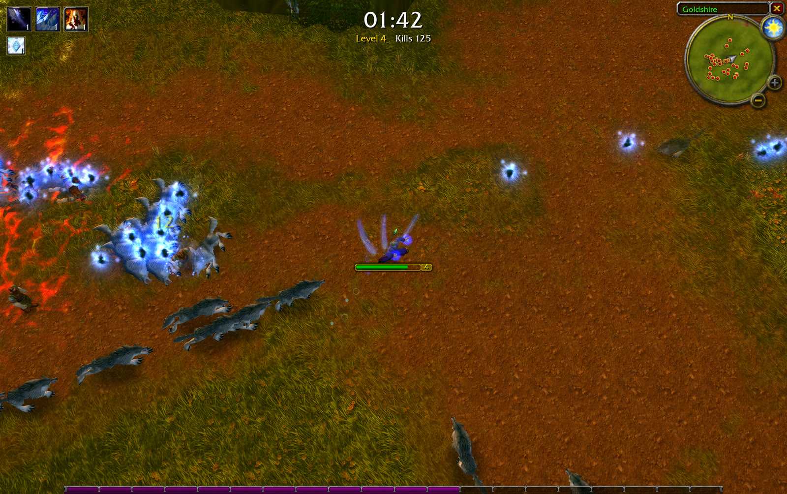 A Mage holding off Elwynn Forest's wolves with frost, fire and arcane