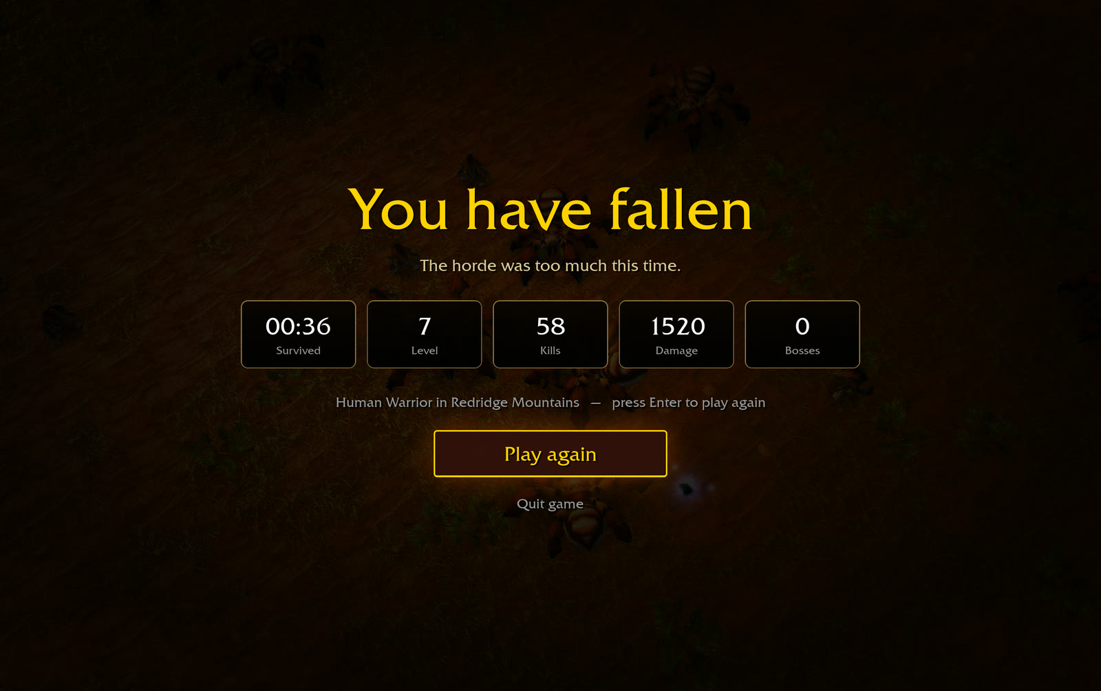 The results screen after a death in Redridge Mountains
