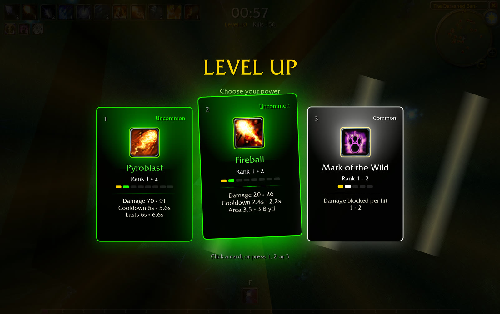 Level up: three spell cards, coloured by rarity, each showing exactly what its next rank changes