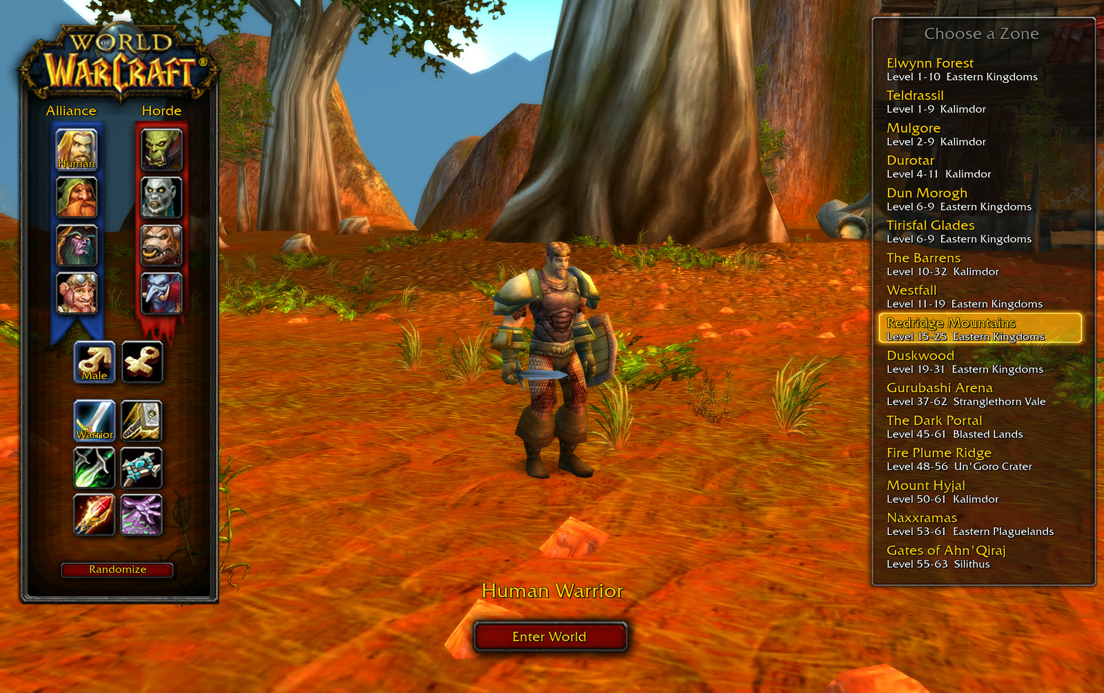 The pick screen: race, gender and class on the left, sixteen zones on the right, the hero in between