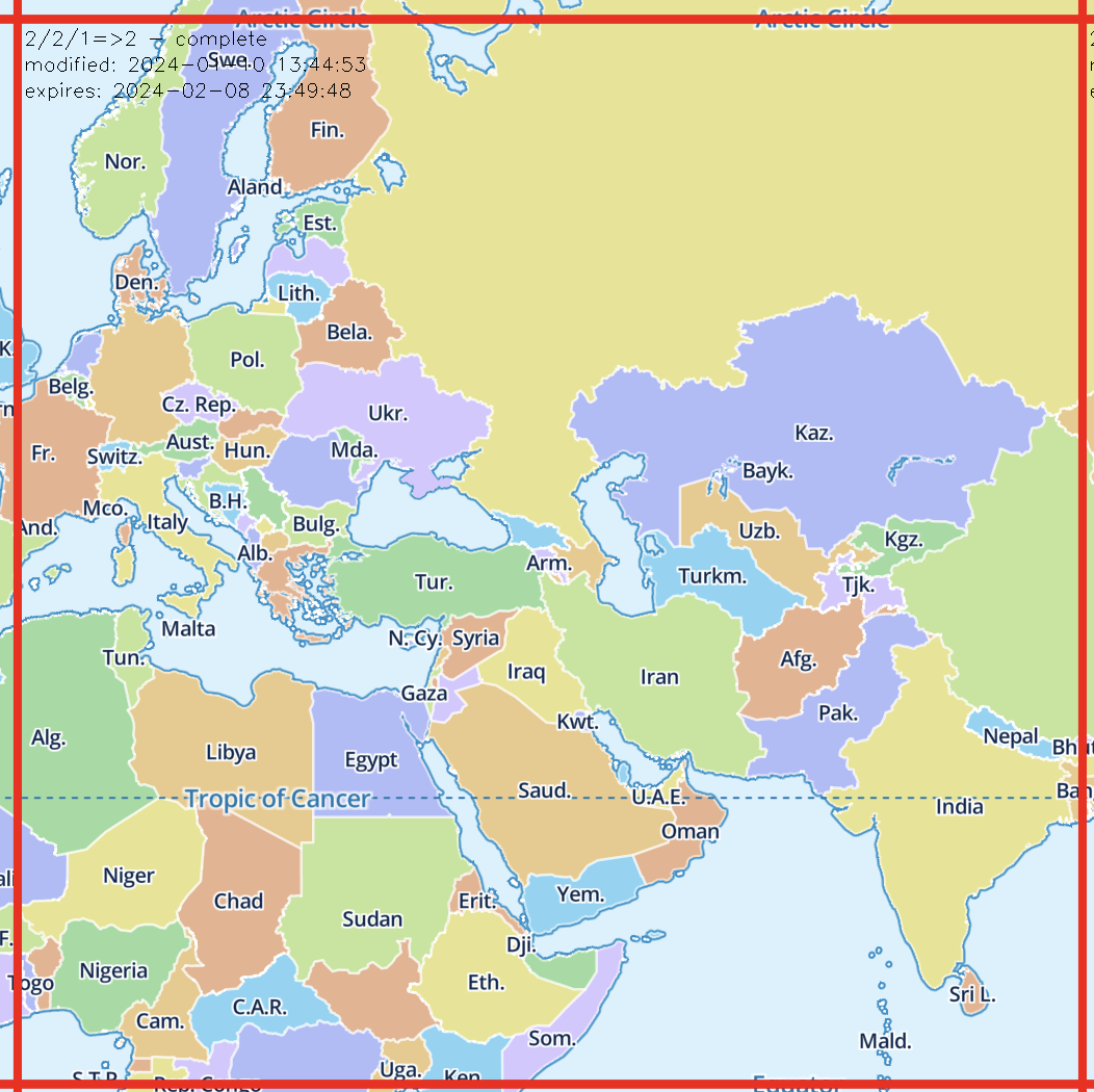 MapLibre vector tile at zoom 2, with an extent showing Norway to India.