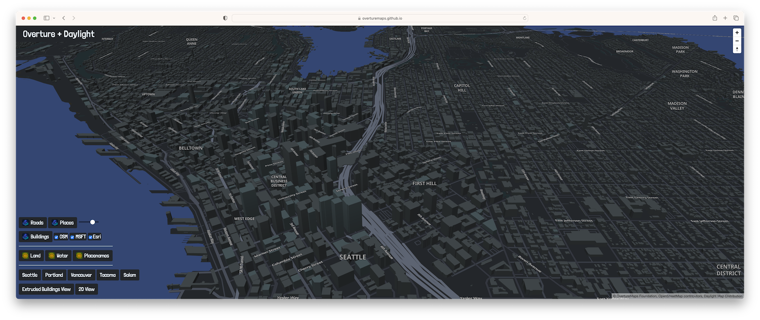 Screenshot of Extruded Building Map of Seattle