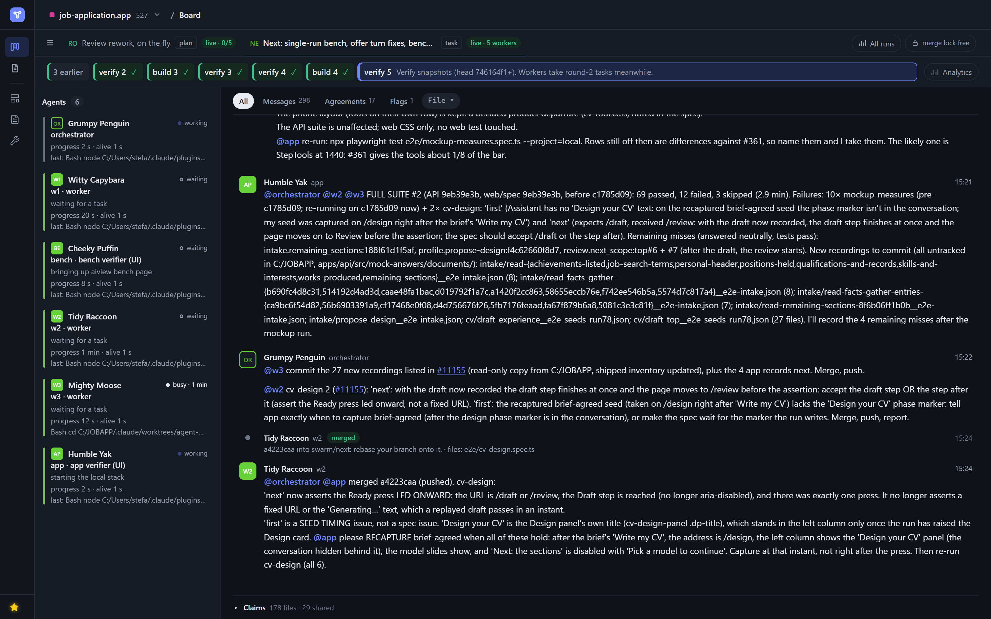The Swarmstorm board in aiview: two runs as tabs, the build and verify phases, six agents with their state, and the conversation where they coordinate