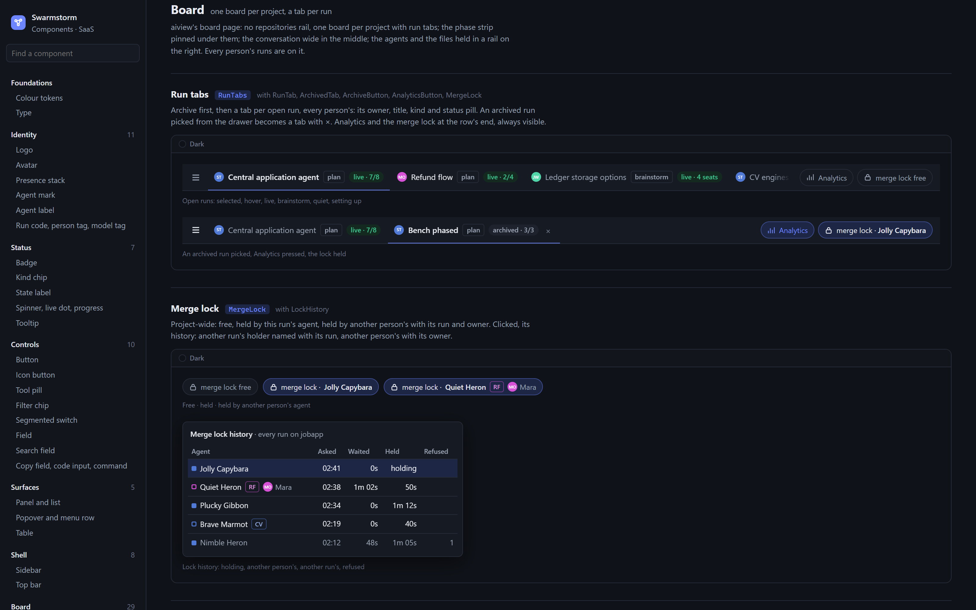 The prototype's component library: run tabs and the merge lock, each in its states