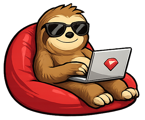 Lean CMS sloth mascot — a sloth reclining on a beanbag chair with sunglasses and a Ruby-stickered laptop