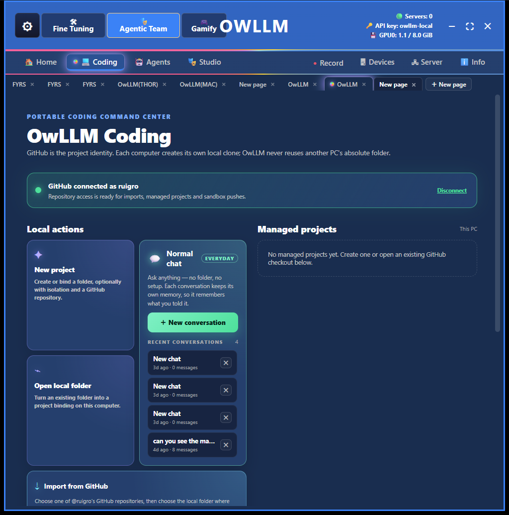 OWLLM Coding command center with GitHub projects, local actions, and persistent conversations