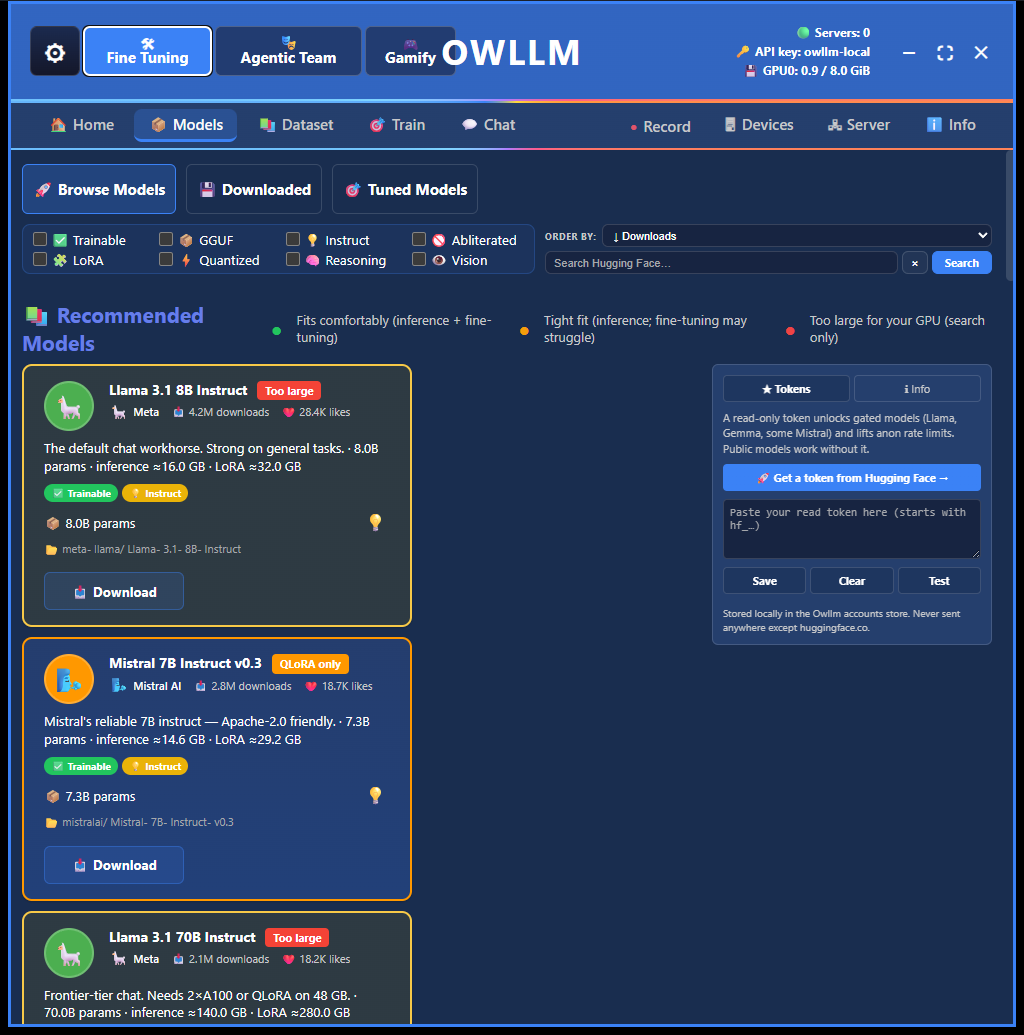 OWLLM local model workshop with hardware-aware model fit ratings