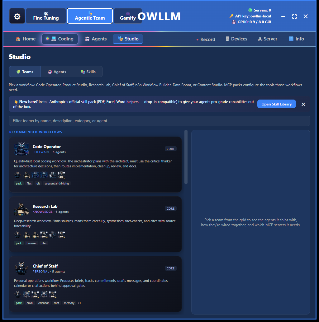 OWLLM Team Studio with Code Operator, Research Lab, and Chief of Staff workflows